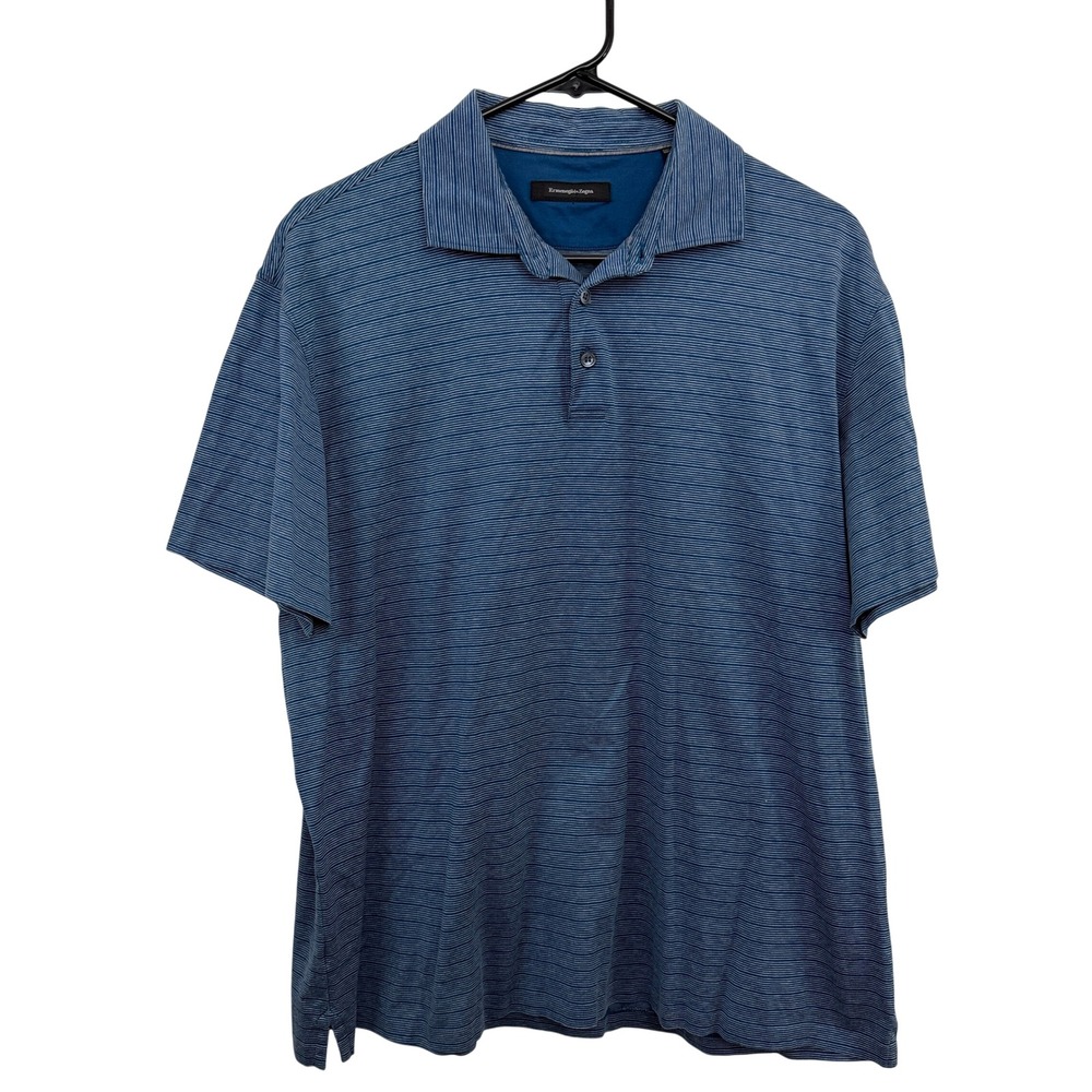 Ermenegildo Zegna Polo Mens XL Blue Striped Short Sleeve Cotton Luxury Designer